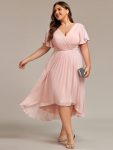 Chic V Neck Asymmetrical Hem Ruffles Sleeve Pleated Chiffon Wedding Guest Dress – Pink