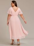 Chic V Neck Asymmetrical Hem Ruffles Sleeve Pleated Chiffon Wedding Guest Dress – Pink