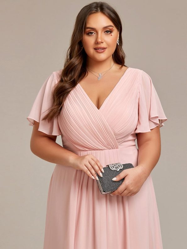 Chic V Neck Asymmetrical Hem Ruffles Sleeve Pleated Chiffon Wedding Guest Dress - Pink