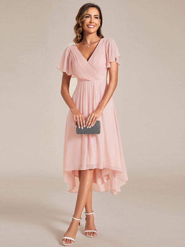 Chic V Neck Asymmetrical Hem Ruffles Sleeve Pleated Chiffon Wedding Guest Dress - Pink