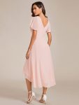 Chic V Neck Asymmetrical Hem Ruffles Sleeve Pleated Chiffon Wedding Guest Dress – Pink