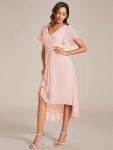 Chic V Neck Asymmetrical Hem Ruffles Sleeve Pleated Chiffon Wedding Guest Dress – Pink