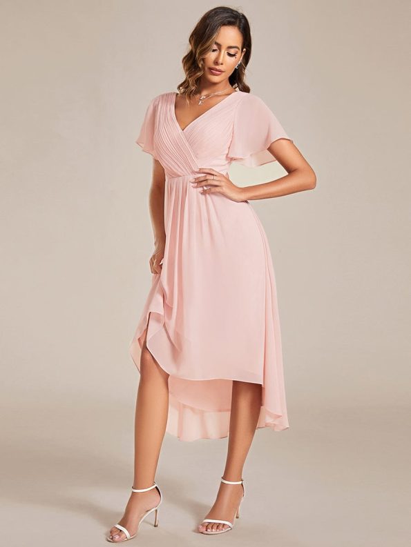 Chic V Neck Asymmetrical Hem Ruffles Sleeve Pleated Chiffon Wedding Guest Dress - Pink