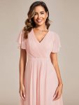 Chic V Neck Asymmetrical Hem Ruffles Sleeve Pleated Chiffon Wedding Guest Dress – Pink