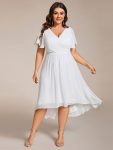 Chic V Neck Asymmetrical Hem Ruffles Sleeve Pleated Chiffon Wedding Guest Dress – White