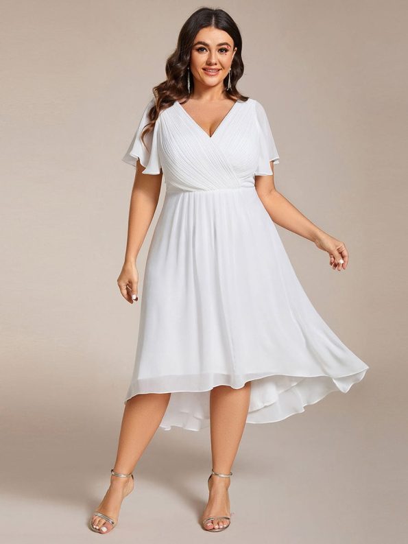 Chic V Neck Asymmetrical Hem Ruffles Sleeve Pleated Chiffon Wedding Guest Dress - White