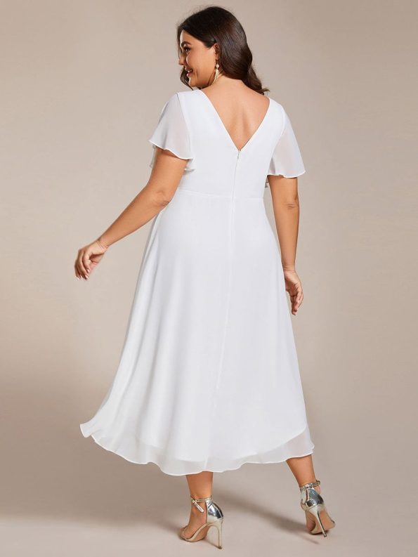 Chic V Neck Asymmetrical Hem Ruffles Sleeve Pleated Chiffon Wedding Guest Dress - White