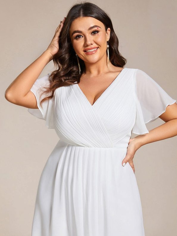 Chic V Neck Asymmetrical Hem Ruffles Sleeve Pleated Chiffon Wedding Guest Dress - White