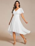 Chic V Neck Asymmetrical Hem Ruffles Sleeve Pleated Chiffon Wedding Guest Dress – White