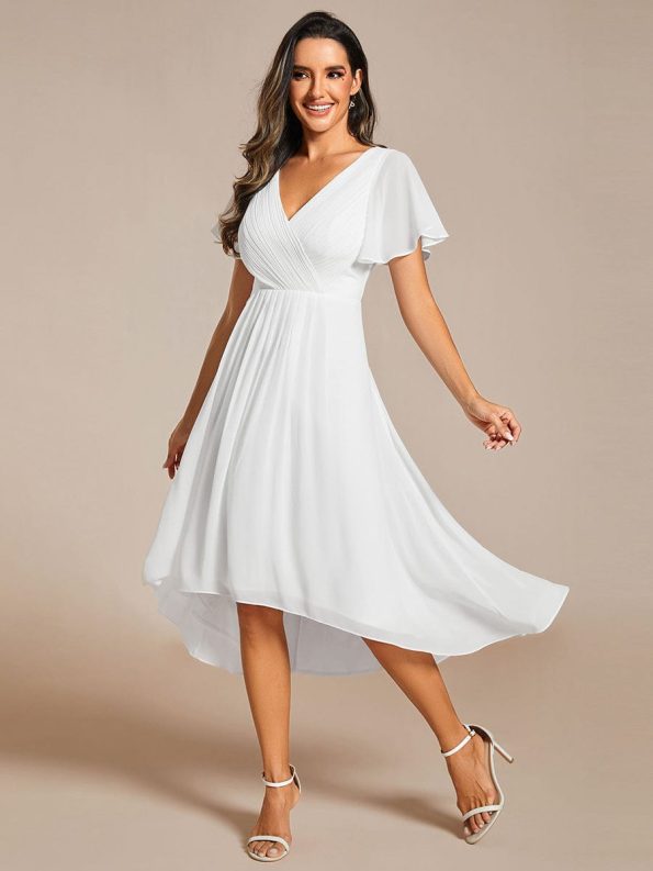 Chic V Neck Asymmetrical Hem Ruffles Sleeve Pleated Chiffon Wedding Guest Dress - White