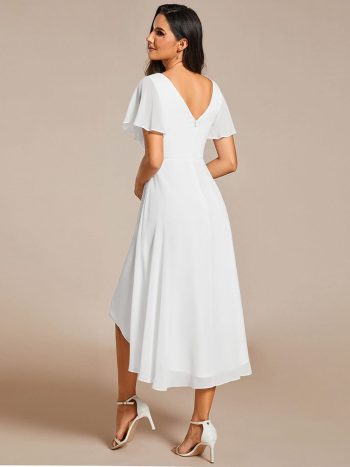 Chic V Neck Asymmetrical Hem Ruffles Sleeve Pleated Chiffon Wedding Guest Dress - White