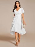 Chic V Neck Asymmetrical Hem Ruffles Sleeve Pleated Chiffon Wedding Guest Dress – White