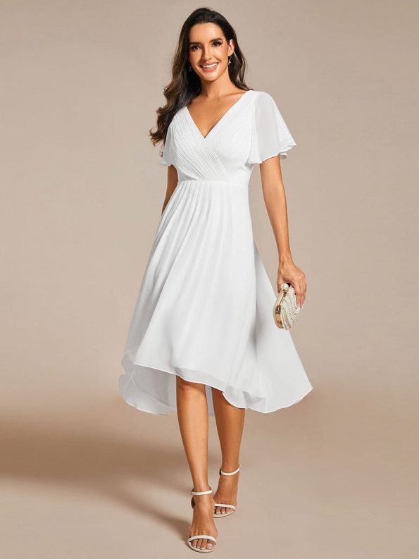 Chic V Neck Asymmetrical Hem Ruffles Sleeve Pleated Chiffon Wedding Guest Dress - White