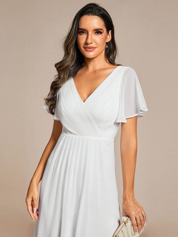 Chic V Neck Asymmetrical Hem Ruffles Sleeve Pleated Chiffon Wedding Guest Dress - White