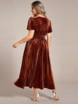 Graceful V-Neck Waist Design Short Sleeves Fall Velvet Midi Wedding Guest Dress – Caramel