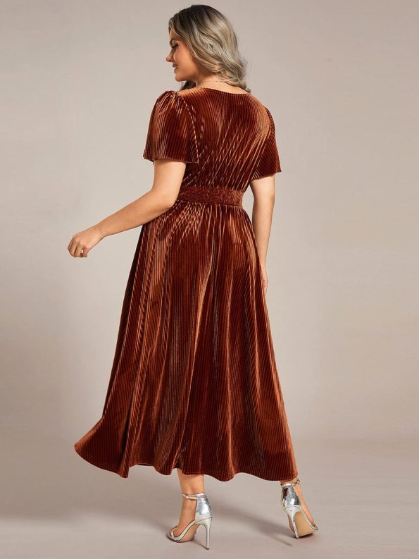 Graceful V-Neck Waist Design Short Sleeves Fall Velvet Midi Wedding Guest Dress - Caramel