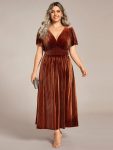 Graceful V-Neck Waist Design Short Sleeves Fall Velvet Midi Wedding Guest Dress – Caramel