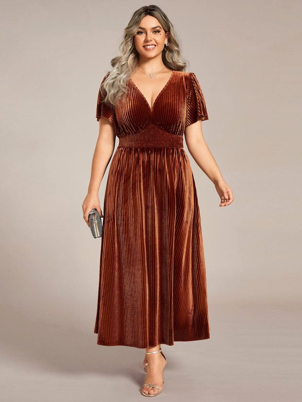 Graceful V-Neck Waist Design Short Sleeves Fall Velvet Midi Wedding Guest Dress - Caramel