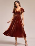 Graceful V-Neck Waist Design Short Sleeves Fall Velvet Midi Wedding Guest Dress – Caramel