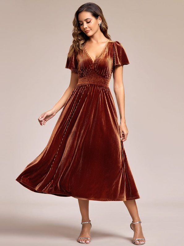 Graceful V-Neck Waist Design Short Sleeves Fall Velvet Midi Wedding Guest Dress - Caramel