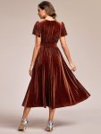 Graceful V-Neck Waist Design Short Sleeves Fall Velvet Midi Wedding Guest Dress – Caramel