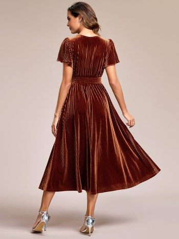 Graceful V-Neck Waist Design Short Sleeves Fall Velvet Midi Wedding Guest Dress - Caramel