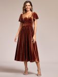 Graceful V-Neck Waist Design Short Sleeves Fall Velvet Midi Wedding Guest Dress – Caramel