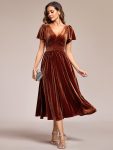 Graceful V-Neck Waist Design Short Sleeves Fall Velvet Midi Wedding Guest Dress – Caramel