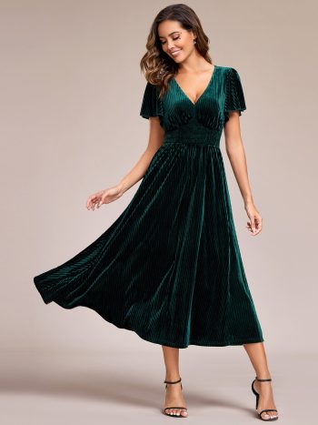 Graceful V-Neck Waist Design Short Sleeves Fall Velvet Midi Wedding Guest Dress - Dark Green