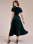 Graceful V-Neck Waist Design Short Sleeves Fall Velvet Midi Wedding Guest Dress – Dark Green