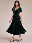 Graceful V-Neck Waist Design Short Sleeves Fall Velvet Midi Wedding Guest Dress – Dark Green