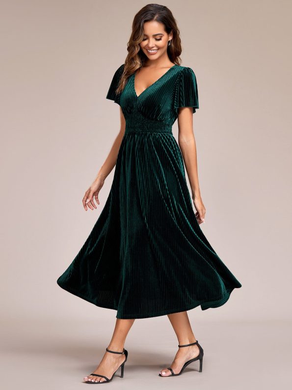 Graceful V-Neck Waist Design Short Sleeves Fall Velvet Midi Wedding Guest Dress - Dark Green