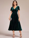 Graceful V-Neck Waist Design Short Sleeves Fall Velvet Midi Wedding Guest Dress – Dark Green