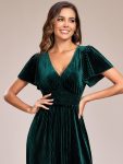 Graceful V-Neck Waist Design Short Sleeves Fall Velvet Midi Wedding Guest Dress – Dark Green