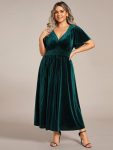 Graceful V-Neck Waist Design Short Sleeves Fall Velvet Midi Wedding Guest Dress – Dark Green