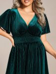 Graceful V-Neck Waist Design Short Sleeves Fall Velvet Midi Wedding Guest Dress – Dark Green