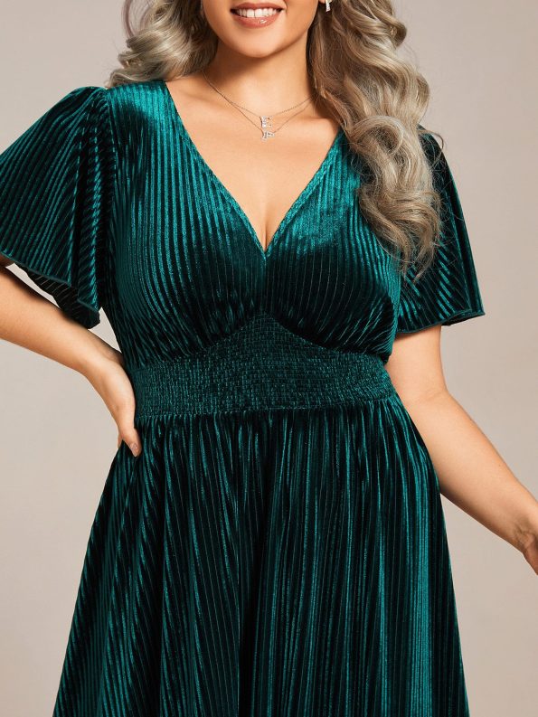 Graceful V-Neck Waist Design Short Sleeves Fall Velvet Midi Wedding Guest Dress - Dark Green