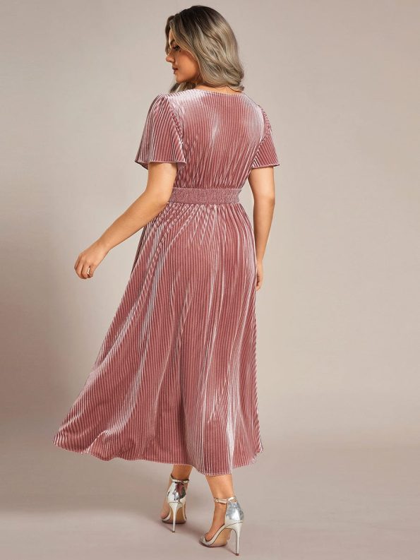 Graceful V-Neck Waist Design Short Sleeves Fall Velvet Midi Wedding Guest Dress - Purple Orchid