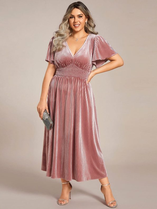 Graceful V-Neck Waist Design Short Sleeves Fall Velvet Midi Wedding Guest Dress - Purple Orchid