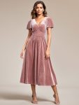 Graceful V-Neck Waist Design Short Sleeves Fall Velvet Midi Wedding Guest Dress – Purple Orchid