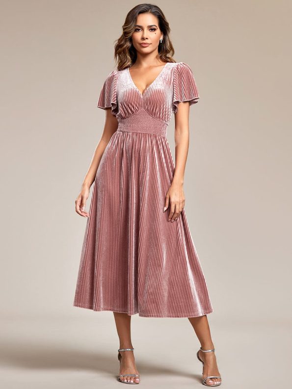 Graceful V-Neck Waist Design Short Sleeves Fall Velvet Midi Wedding Guest Dress - Purple Orchid