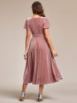 Graceful V-Neck Waist Design Short Sleeves Fall Velvet Midi Wedding Guest Dress – Purple Orchid