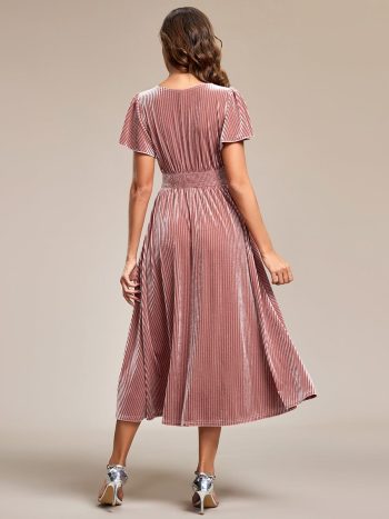 Graceful V-Neck Waist Design Short Sleeves Fall Velvet Midi Wedding Guest Dress - Purple Orchid