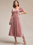 Graceful V-Neck Waist Design Short Sleeves Fall Velvet Midi Wedding Guest Dress – Purple Orchid