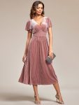 Graceful V-Neck Waist Design Short Sleeves Fall Velvet Midi Wedding Guest Dress – Purple Orchid