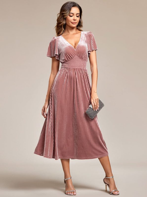 Graceful V-Neck Waist Design Short Sleeves Fall Velvet Midi Wedding Guest Dress - Purple Orchid