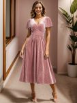 Graceful V-Neck Waist Design Short Sleeves Fall Velvet Midi Wedding Guest Dress – Purple Orchid