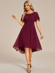 Flowy Chiffon Round Neckline A-Line Knee Length Wedding Guest Dress – Burgundy