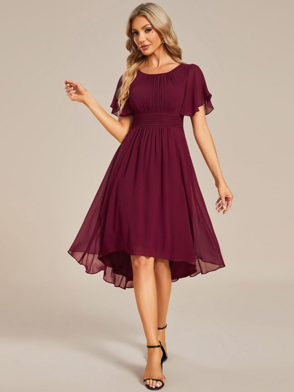 Flowy Chiffon Round Neckline A-Line Knee Length Wedding Guest Dress - Burgundy