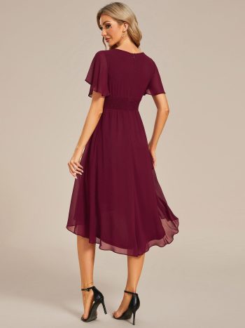 Flowy Chiffon Round Neckline A-Line Knee Length Wedding Guest Dress - Burgundy